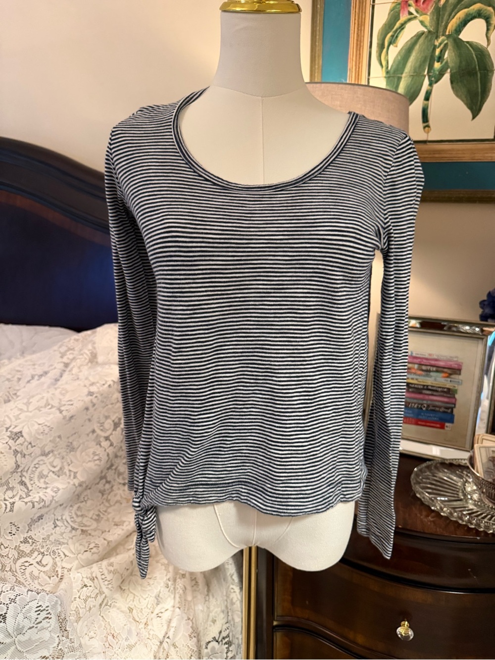 GAP Navy & White Striped Long Sleeve Scoop Neck Tee with Side Tie